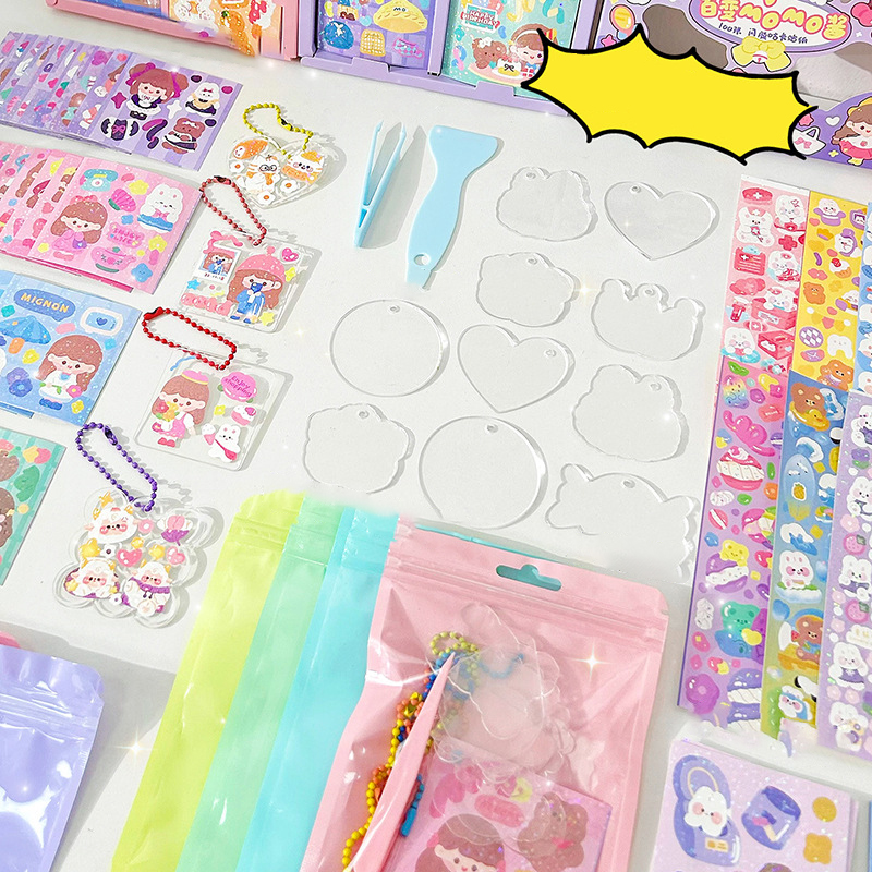 1Set Creative Goo Card Sticker Set DIY Keychain Lovely Cartoon Handmade Tweezers Shovel Scrapbook Tools Kawaii Stationery Supply.