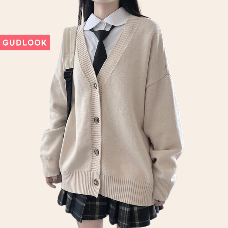 Áo Len Cardigan Basic GUDLOOK Form Rộng Màu Be Dễ Phối Đồ