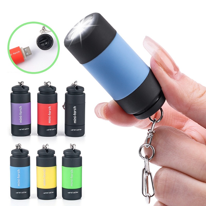 Đèn pin LED Mini USB di động có thể sạc lại túi không thấm nước đèn pin móc khóa cắm trại ngoài trời đèn khẩn cấp.