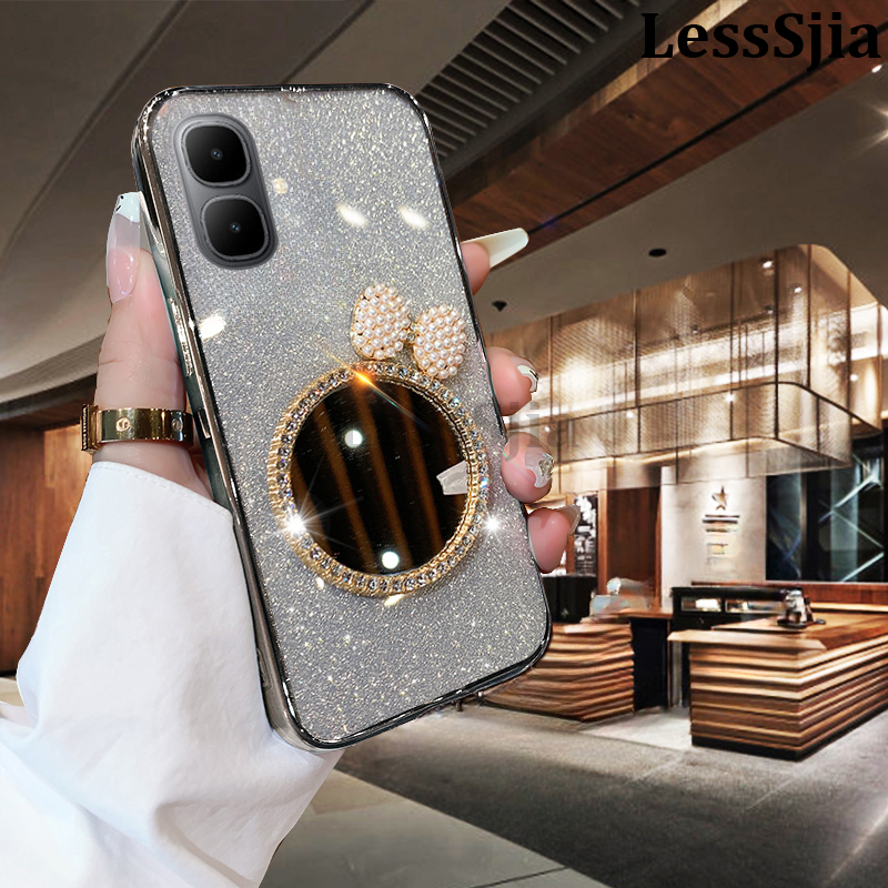 New Phone Cover infinix Smart 10Plus Back case with Bow Makeup Mirror Luxury Shiny Gradient Clear Plating Glitter Girls Slim For infinix Smart 10+ Phone cases.