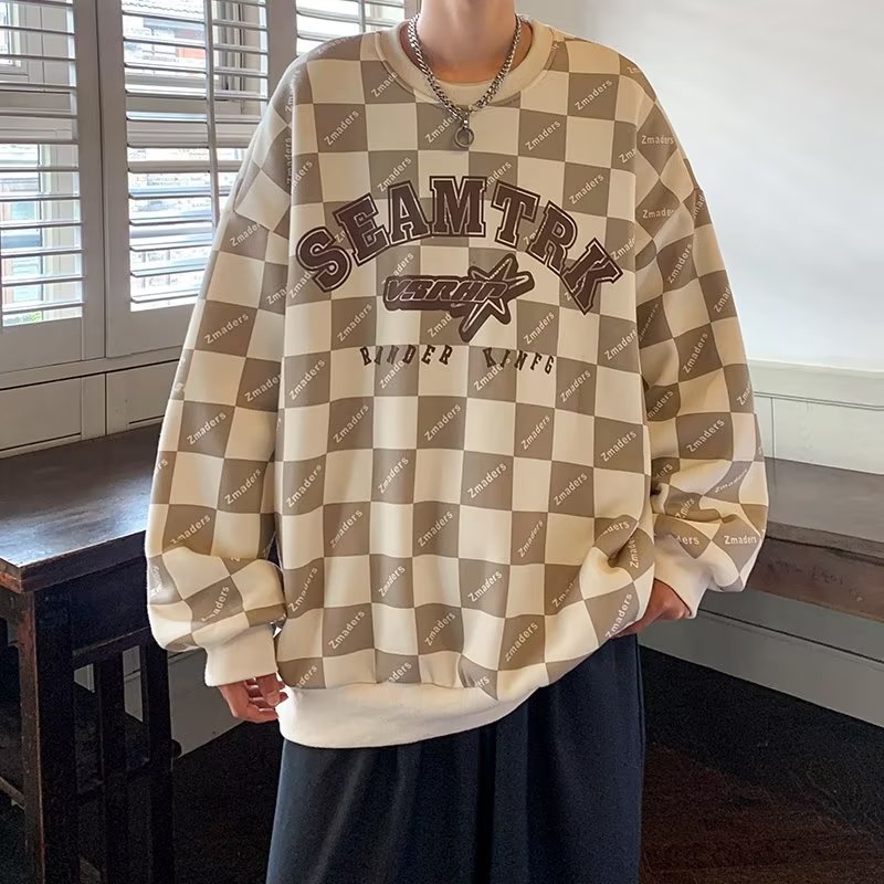 Hanlu New sweatshirt Checkerboard sweatshirt Spring and autumn men's sweatshirt Trendy tops Loose and casual