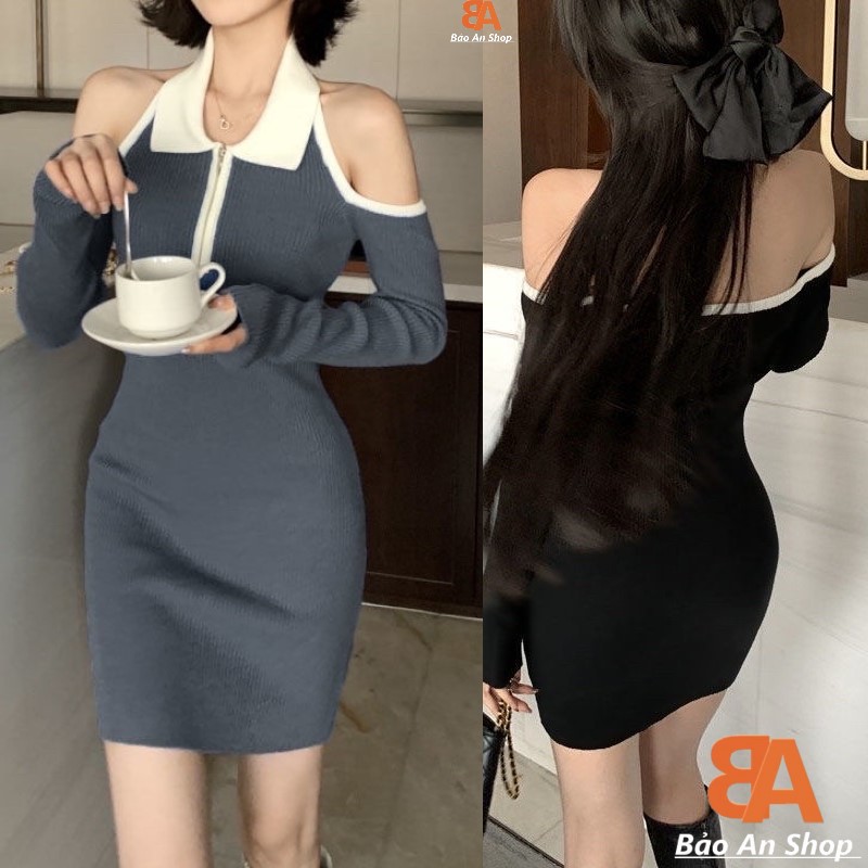 Đầm bệt vai phối khoá kiểu viền