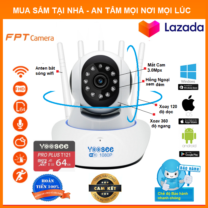 Camera wifi yoosee 3.0Mpx Full HD 1080p xoay 360 độ Quan Sát Rõ Ngày Và Đêm Báo Động Chống Trộm - Chính Hãng BH 1 năm