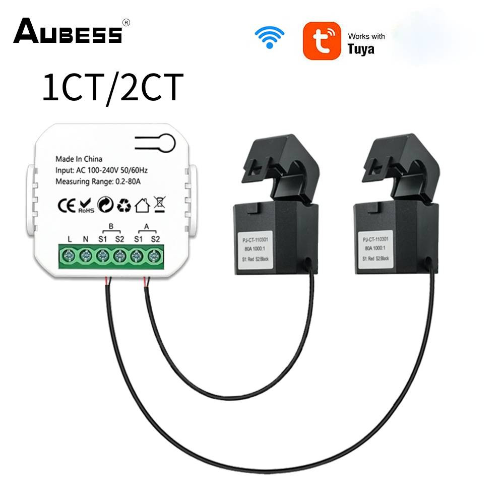 Aubess Tuya Wifi Smart Sensor Intelligent Energy Meter Solar PV System Power Production Consumption Bidirectional Monitoring Meter Mobilephone APP Control Power Monitor with CT