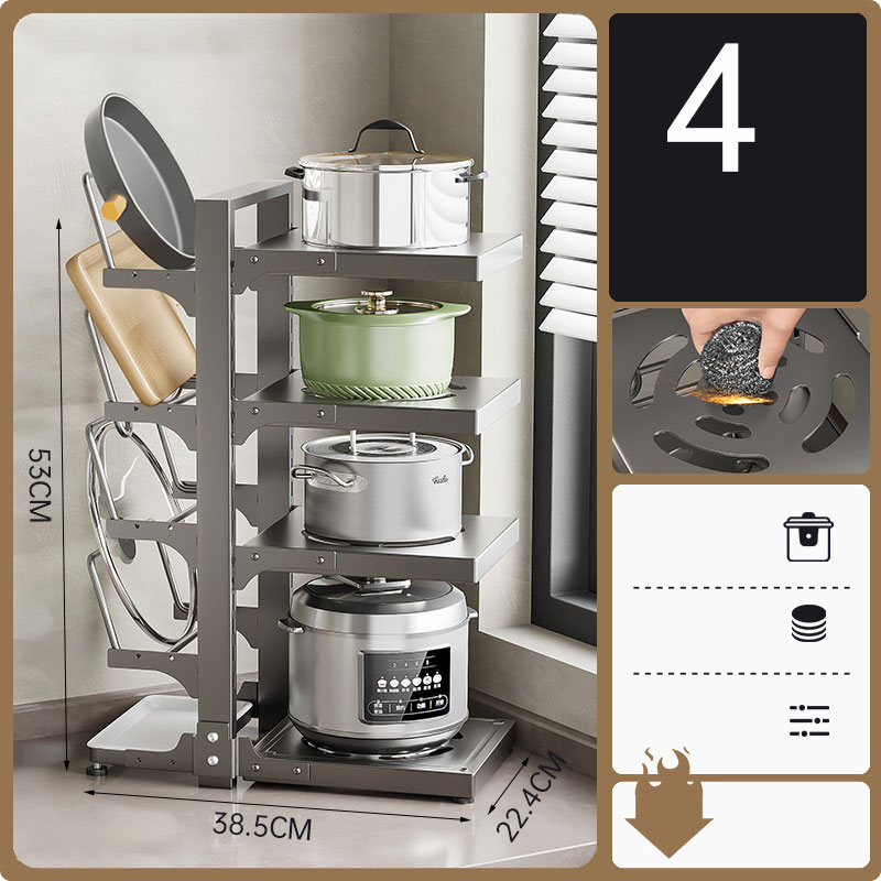 Kitchen, multi-functional, household shelves, pot holders, multi-layered countertops, cabinets, undersink sinks, cooktops, pots and pans, layered storage racks