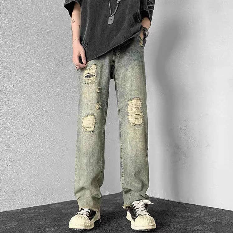 Quần jean nam ống rộng màu bạc rêu rách thời trang-2024 - quần bò nam ...