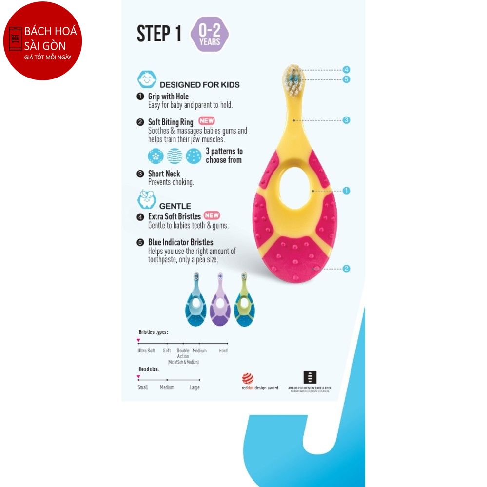 [Giao màu ngẫu nhiên, Ảnh Thật] Bàn chải đánh răng Jordan Step 1 (0-2 tuổi), Lông siêu mềm