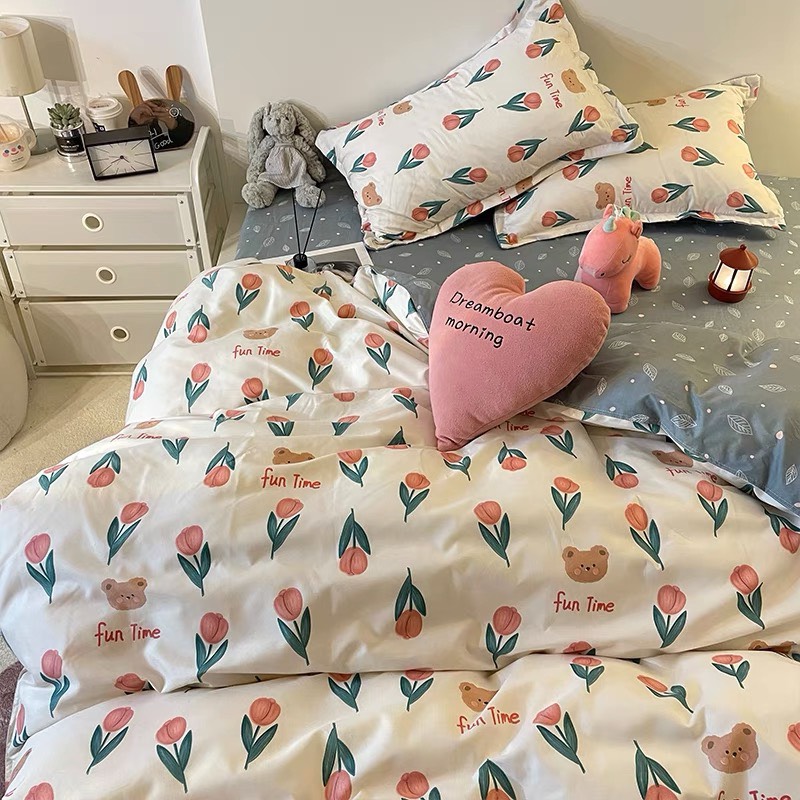 Chăn ga gối cotton poly - Mẫu tuylip xanh