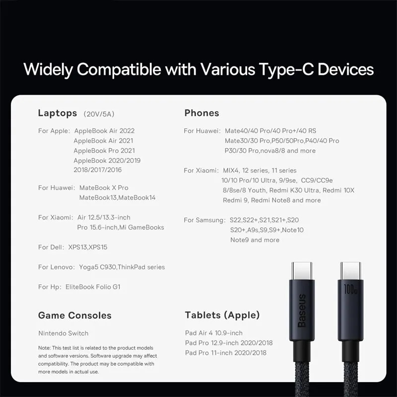 Baseus 100W USB C To Type C Cable For iPhone 15 Plus Pro Max PD Fast Charging Charger Cable Data Cord For Macbook Xiaomi Samsung t6jqag