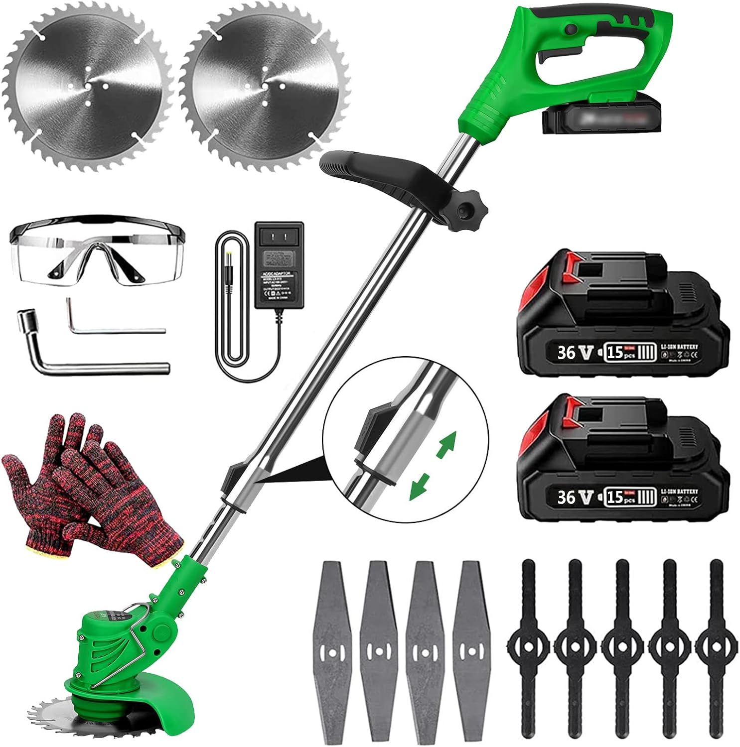 36V Cordless 3-in-1 Weed Wacker & Brush Cutter | Adjustable Telescopic Shaft & 90° Pivoting Head for Effortless Lawn, Garden, and Shrub Trimming | Includes 2 Batteries & Safety Gear