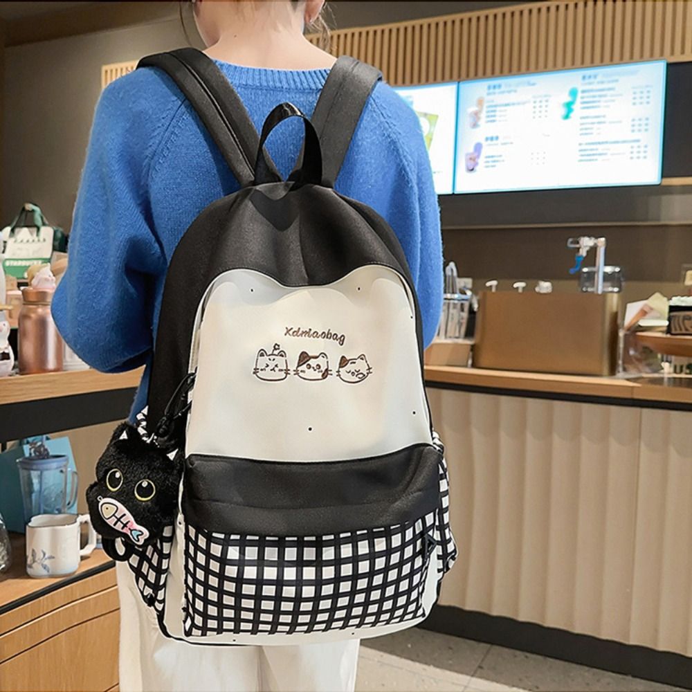 New%20Cat%20Checkered%20Pattern%20Women%20Backpack%20Large%20Capacity%20Nylon%20Travel%20Bag%20Casual%20Portable%20Schoolbag%20School%20Use%20-%20Image%205