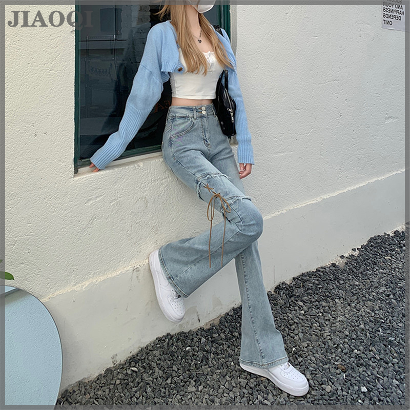 JIAOQI Y2k Fashion Patch Casual Flare Jeans Women Spring Chic Lace Up High  Waist Slim Pants 2022 New Vintage Streetwear Denim Trousers