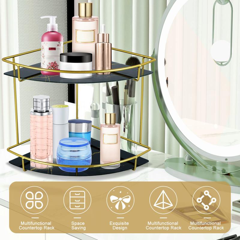 Tam giác kim loại truy cập kệ để góc phòng 2 tier góc kệ phòng tắm organizer kim loại truy cập kệ để góc phòng với cẩm thạch khay thủy tinh vanity organizer 2 tier góc kệ phòng tắm organizer tiết kiệm không gian góc chăm sóc da tổ chức