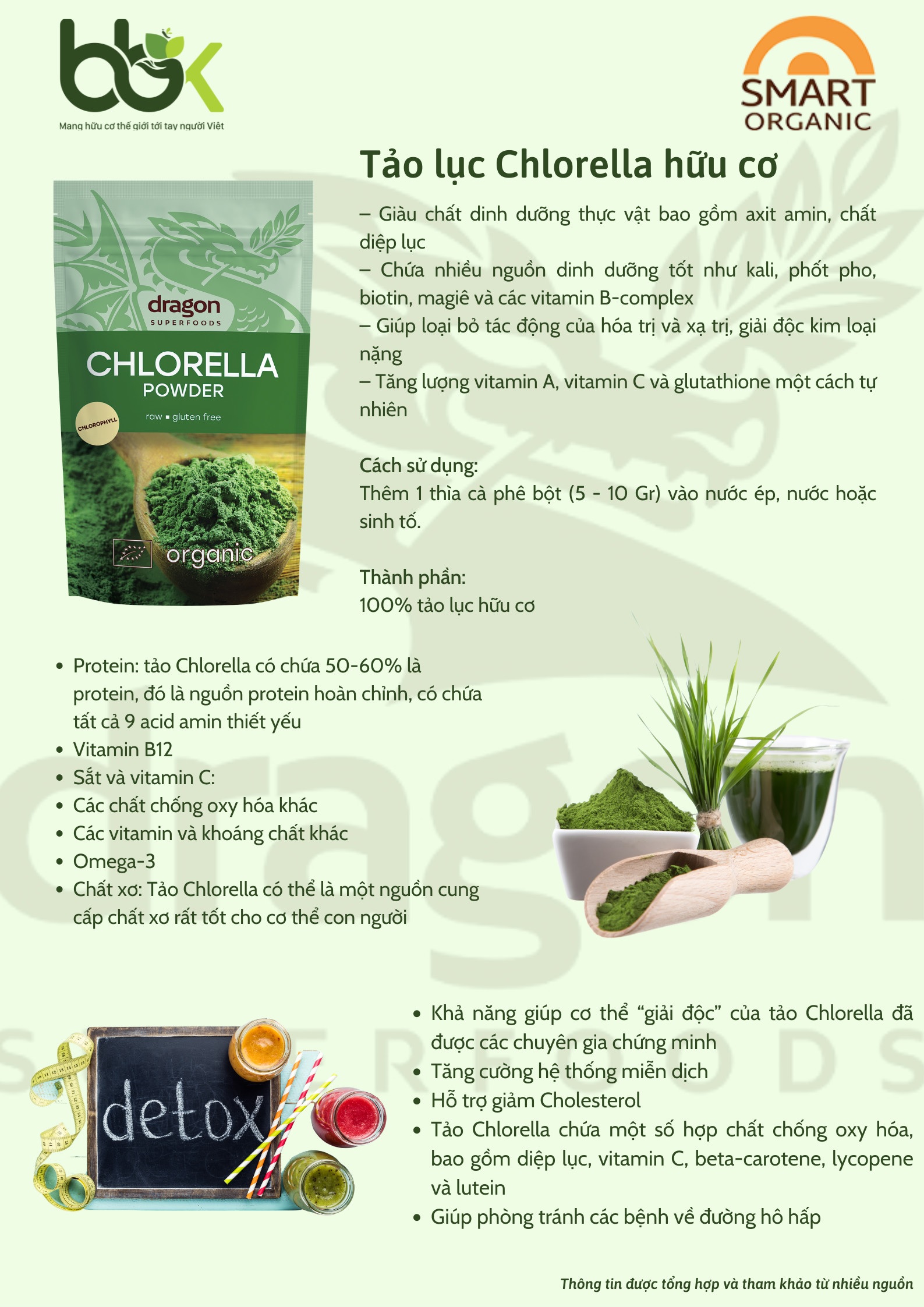Bột tảo lục hữu cơ Organic Chlorella Powder Dragon Superfoods 200g
