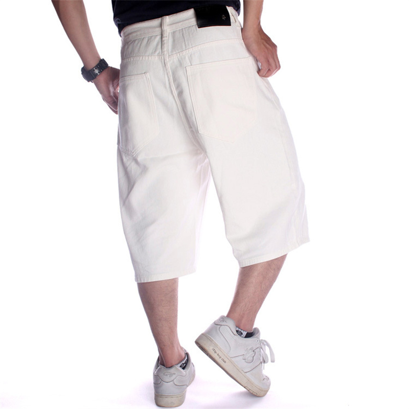 Men's summer white denim shorts Multi-pocket hip-hop skateboard pants Men's loose hip-hop denim shorts