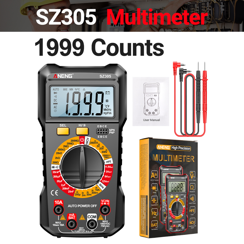 FocusAi ANENG Multimeter Volt Ohm Amp Meter Autoranging for AC/DC Current Voltage Resistance Frequency Tester