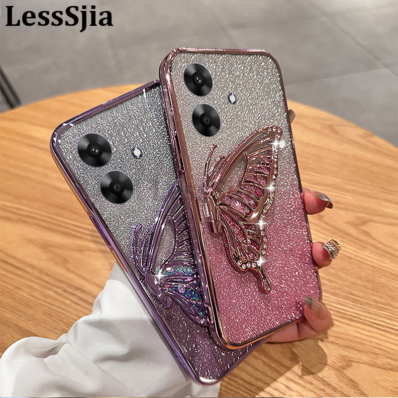 Phone Cover Realme Note 60X Back case Diamonds butterfly holder shiny hourglass of quicksand transparent soft silicone For Realme Note 60X Phone cases.