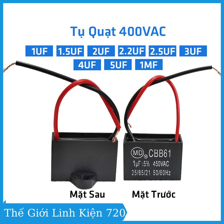 Tụ quạt điện 400VAC 50/60Hz giá trị 1uf  / 1.2uf / 2uf / 2.2uf / 2.5uf / 3uf / 4uf / 5uf / 1mf