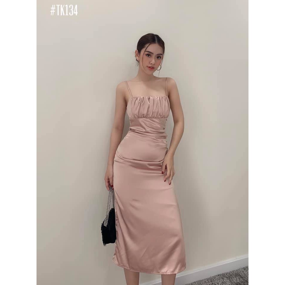 [HÀNG THIẾT KẾ CAO CẤP] Đầm Hai Dây Xẻ Tà Đi Tiệc Màu Nude