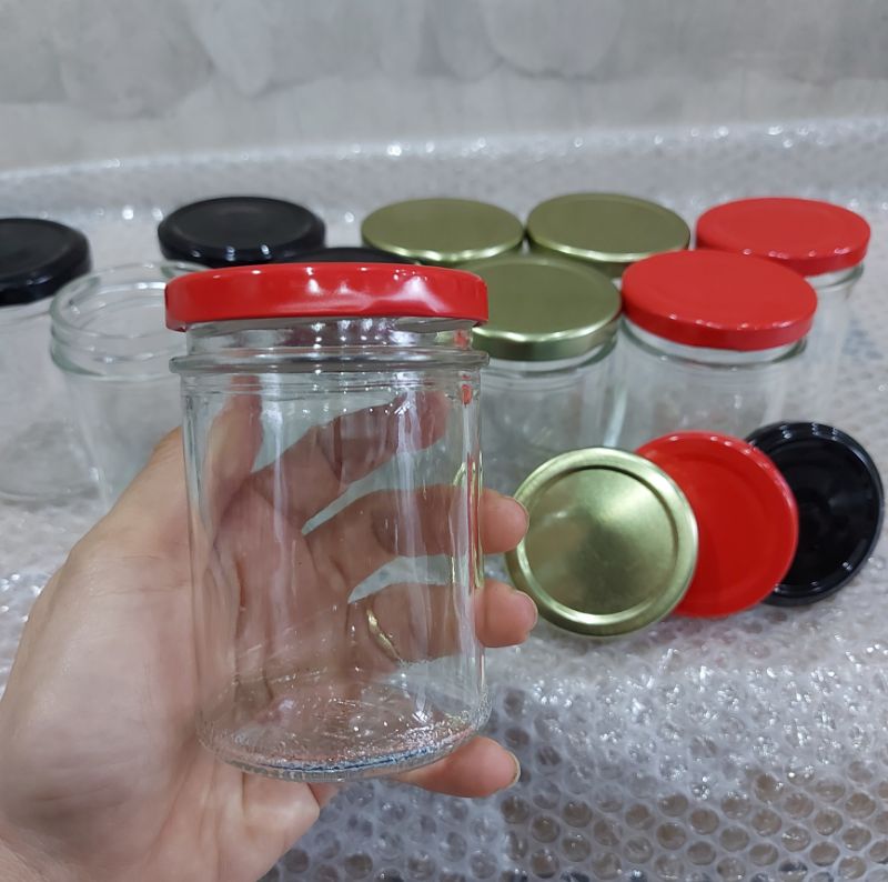 Hủ thủy tinh tròn 220ml nắp thiếc đen , vàng , đỏ