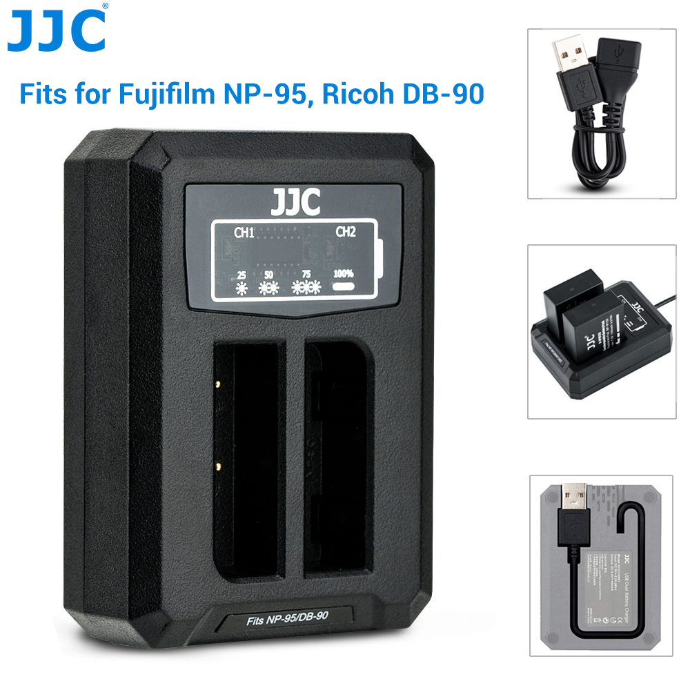 JJC DCH-NP95 USB Dual Battery Charger fits Fujifilm NP-95 X100T/S Ricoh DB-90 