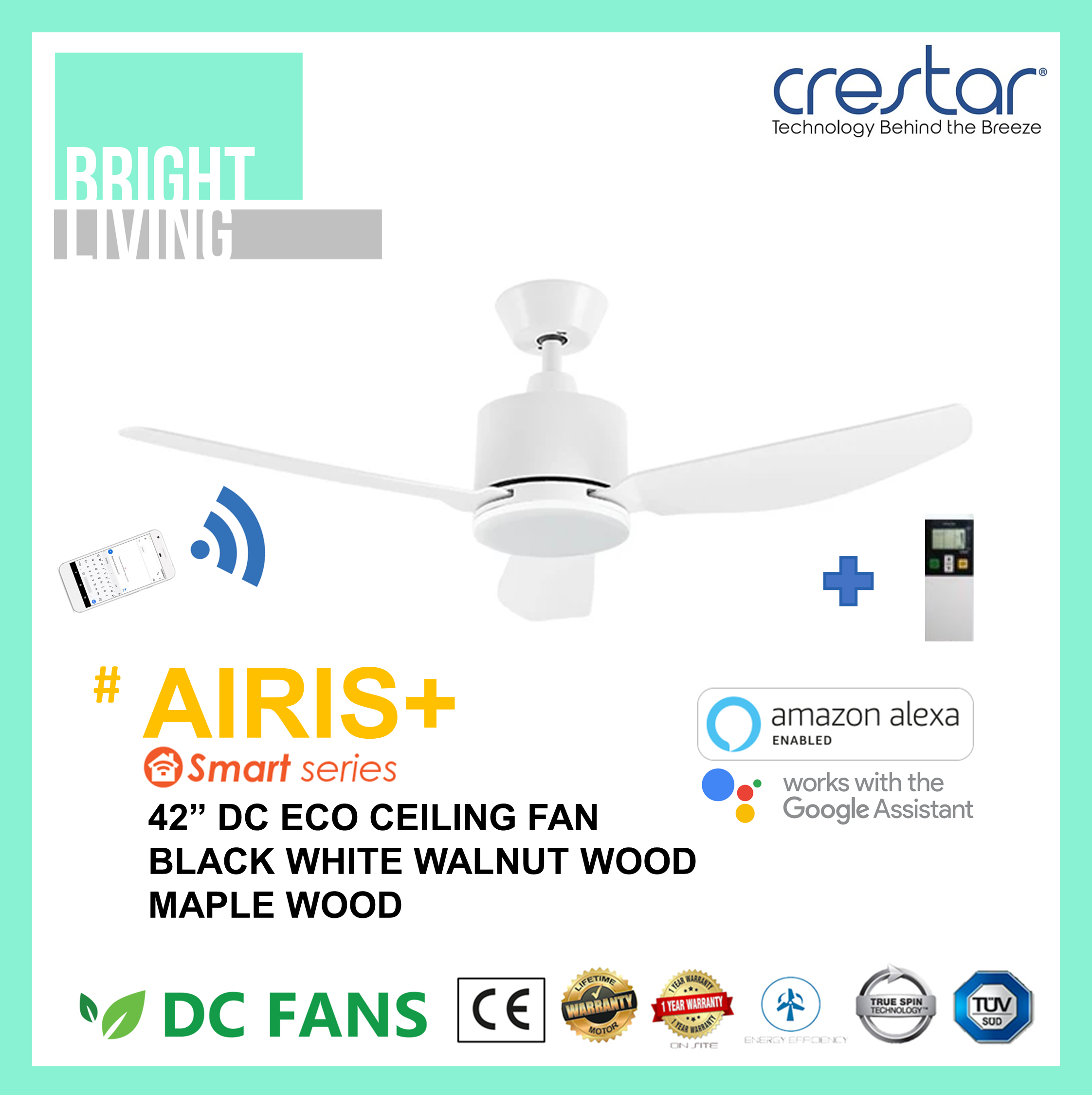 Crestar Airis 42" SMART WIFIEnabled Ceiling Fan with Remote Control