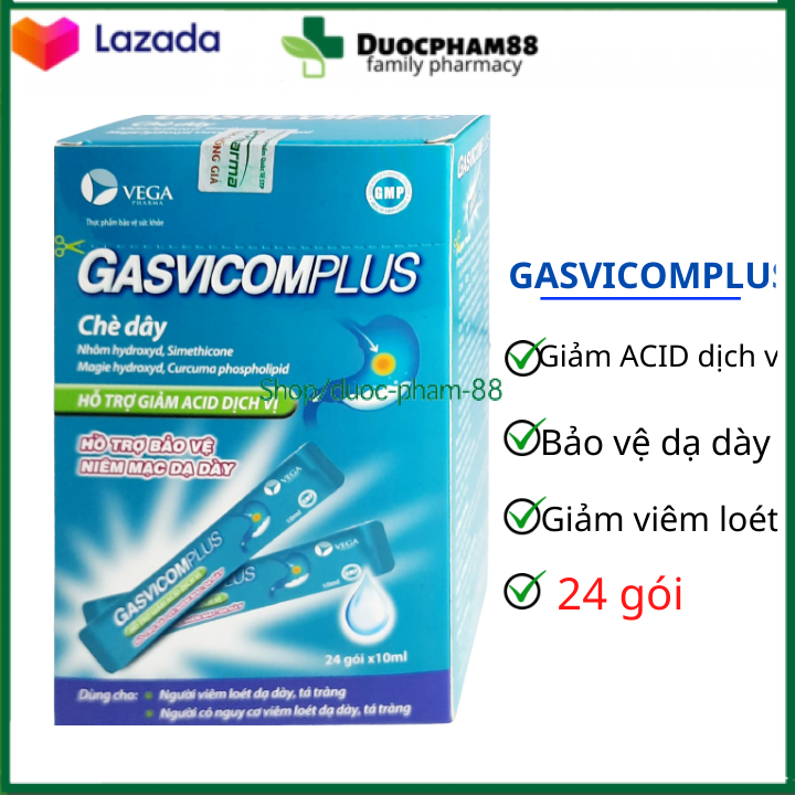 Gasvicomplus- hộp 24 gói x 10ml, hỗ trợ giảm đau dạ dày, tá tràng, trào ngược dạ dày thực quản.