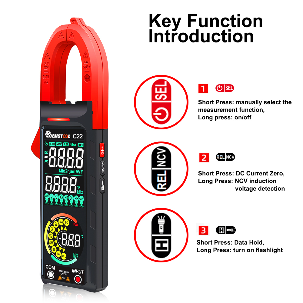 Mustool Đồng hồ vạn năng hiện tại C22 DC/AC 400A Đồng hồ kẹp đo điện kỹ thuật số Ampe kế Vôn kế RMS thật độ chính xác cao nhận dạng dây có điện NCV cảm ứng điện dung Ohm những người khác kép va Màn hình màu đèn nền