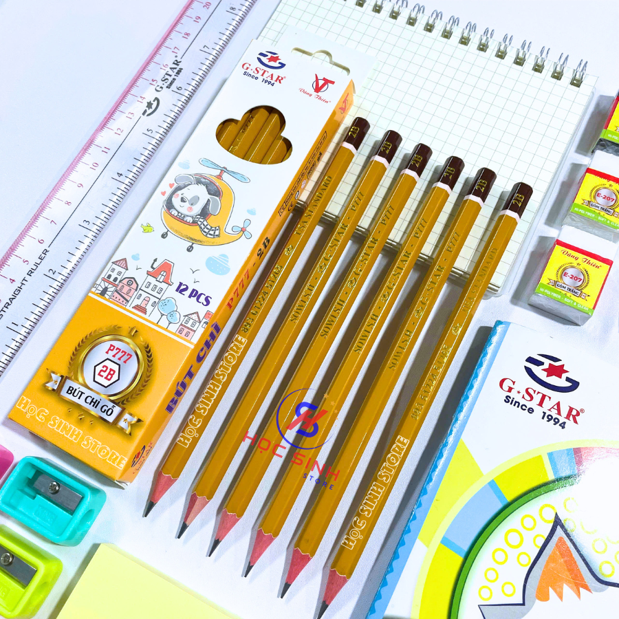 Hộp 12 Cây Bút Chì Gỗ Gstar P777 (2B-6B) - Màu Chì Đậm, Dễ Chuốt, Chuốt Không Gãy - VPP Happy Kids
