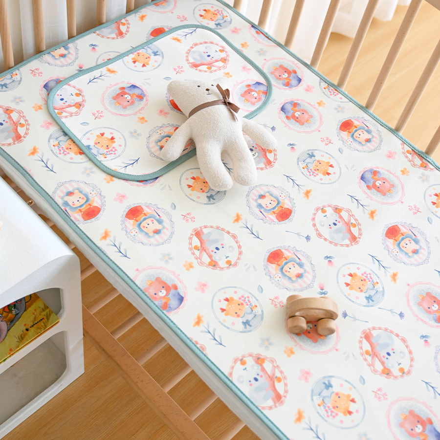 Soft Ice Silk Crib Mat Cushion Summer Cool Baby Bed Mattress Protector Cartoon Printed Stroller Pad
