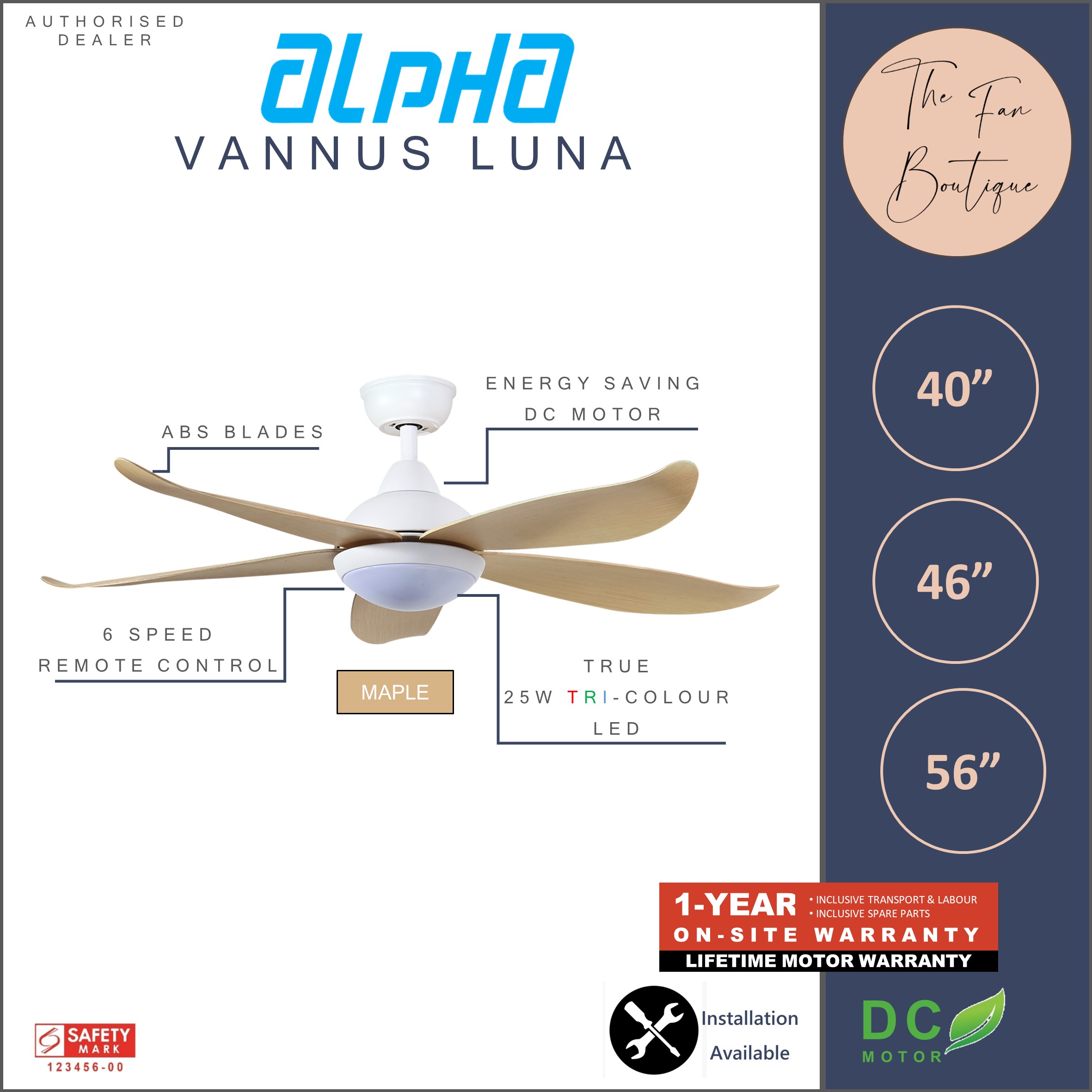 ALPHA Vannus Luna 56" DC Motor Ceiling Fan with 25w LED Light and
