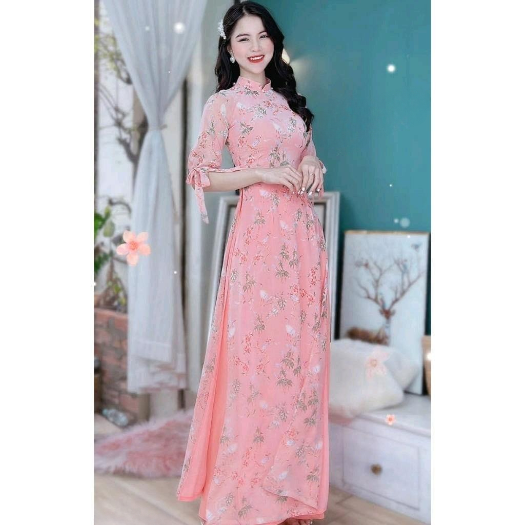 Set Áo Dài Hoa Nhí Cách Tân Tay  lỡ 4 tà duyên dáng, phù hợp cho nhiều  dịp lễ, tiệc – Áo Dài Mieso