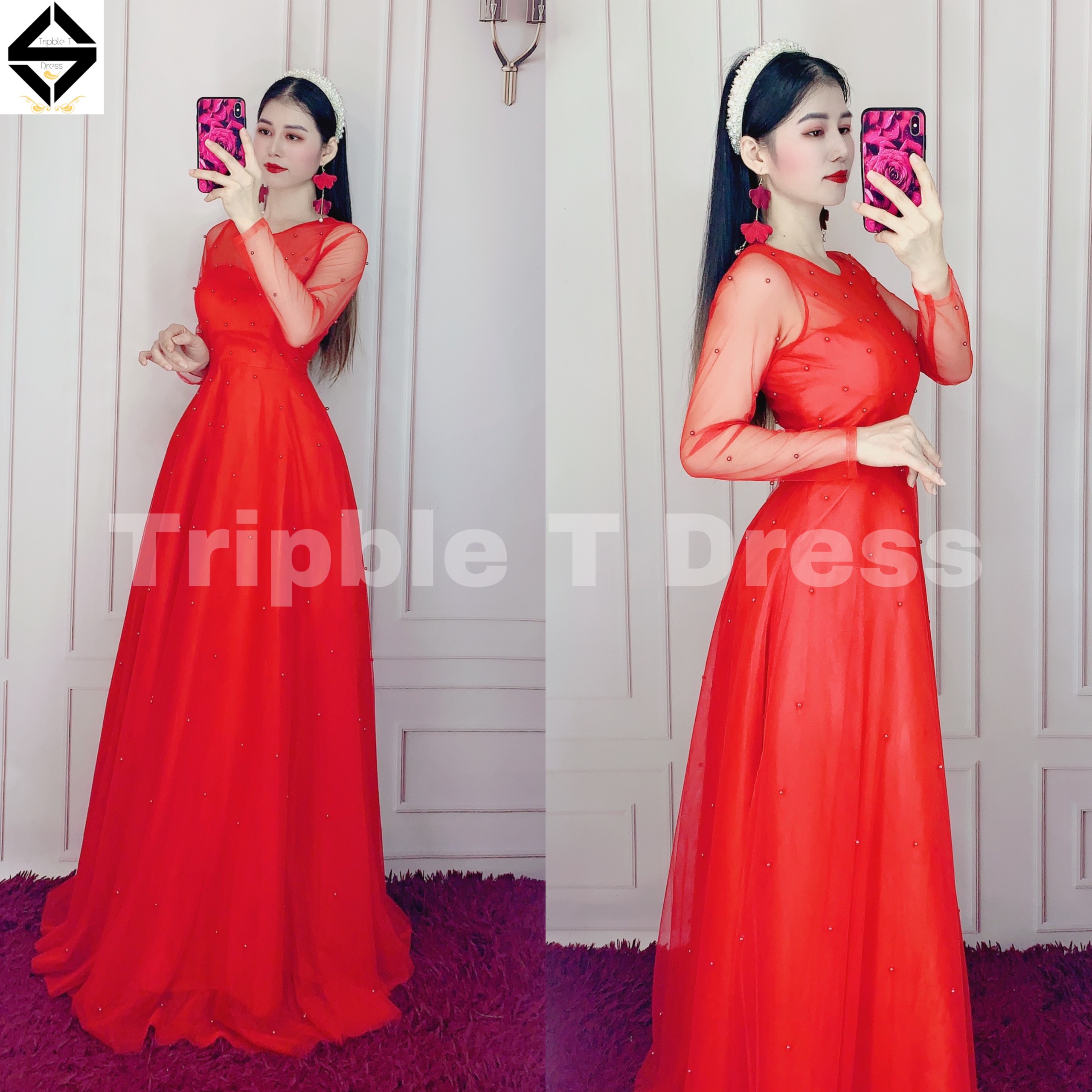 Đầm maxi dự tiệc mặc cưới kết cườm tay dài sang trọng TRIPBLE T DRESS -size M/L/XL - MS12V