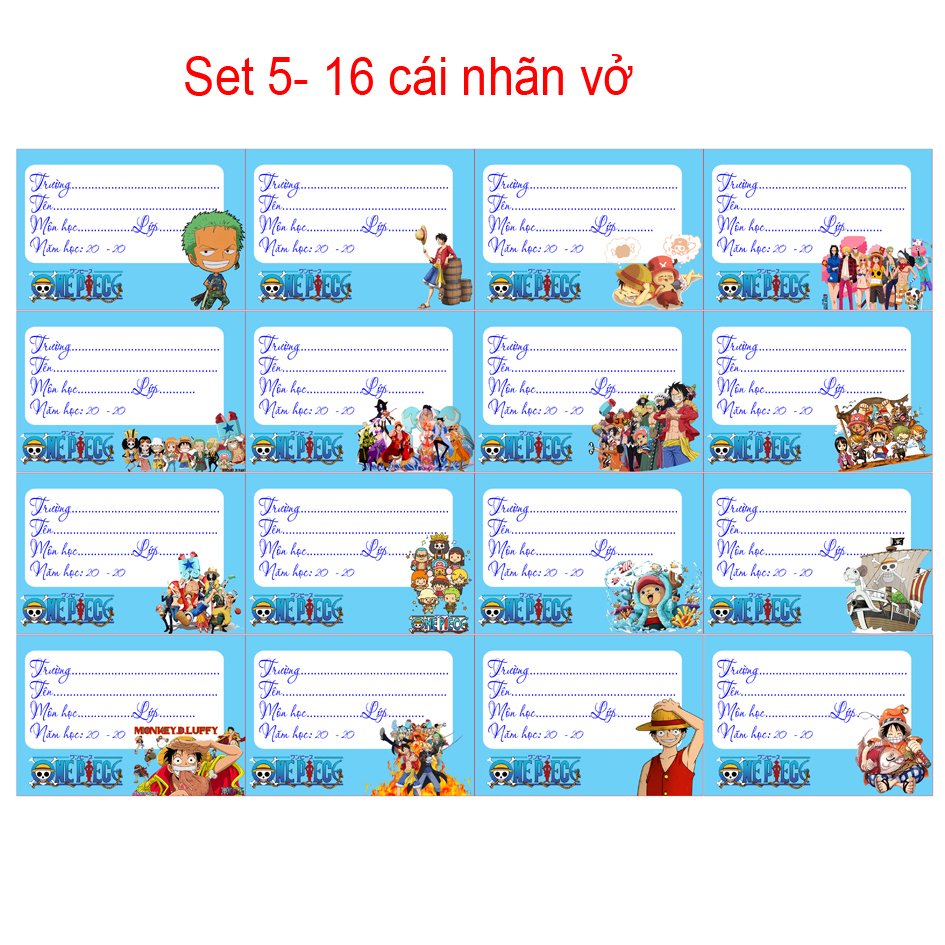 Nhãn vở anime One Piece ( Combo 48 nhãn vở hình khác nhau)