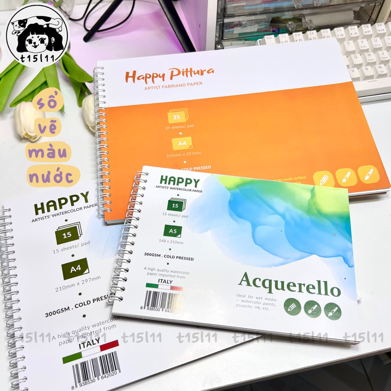 [t15l11] Sổ vẽ màu nước Happy Days 300gsm