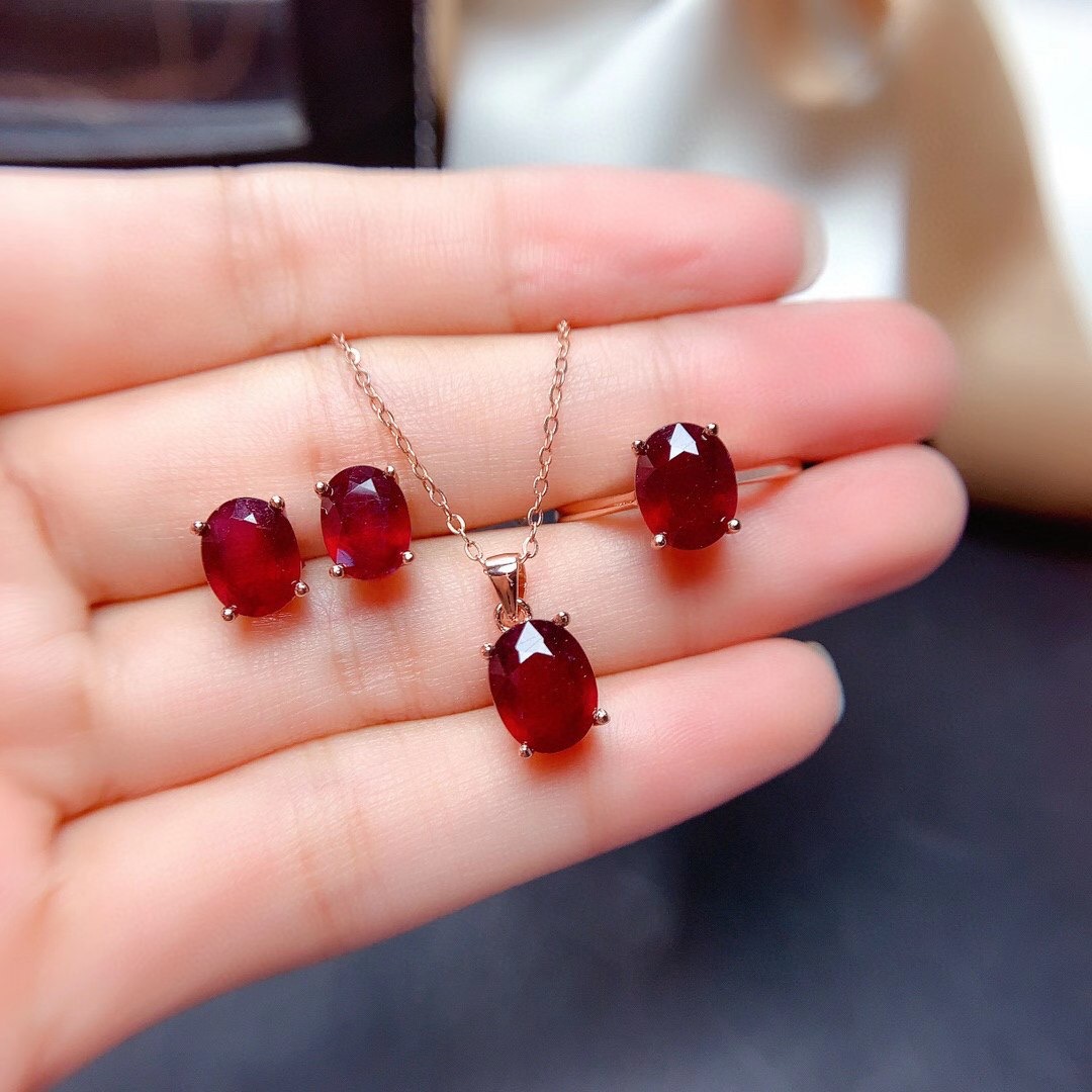 Natural ruby set, simple and practical, ring necklace, women's
