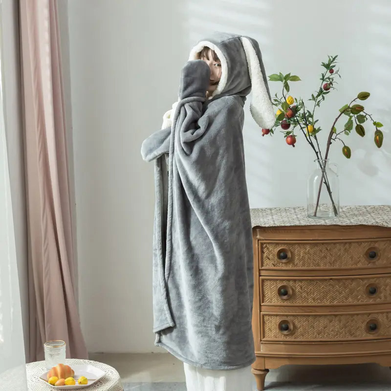 JJT Flannel Blanket Snap Blanket Dual Use Shawl Scarf Faux Fleece Herringbone Scarf INS Winter Korean Style Office shawls, blankets, cute Korean neck cloths.