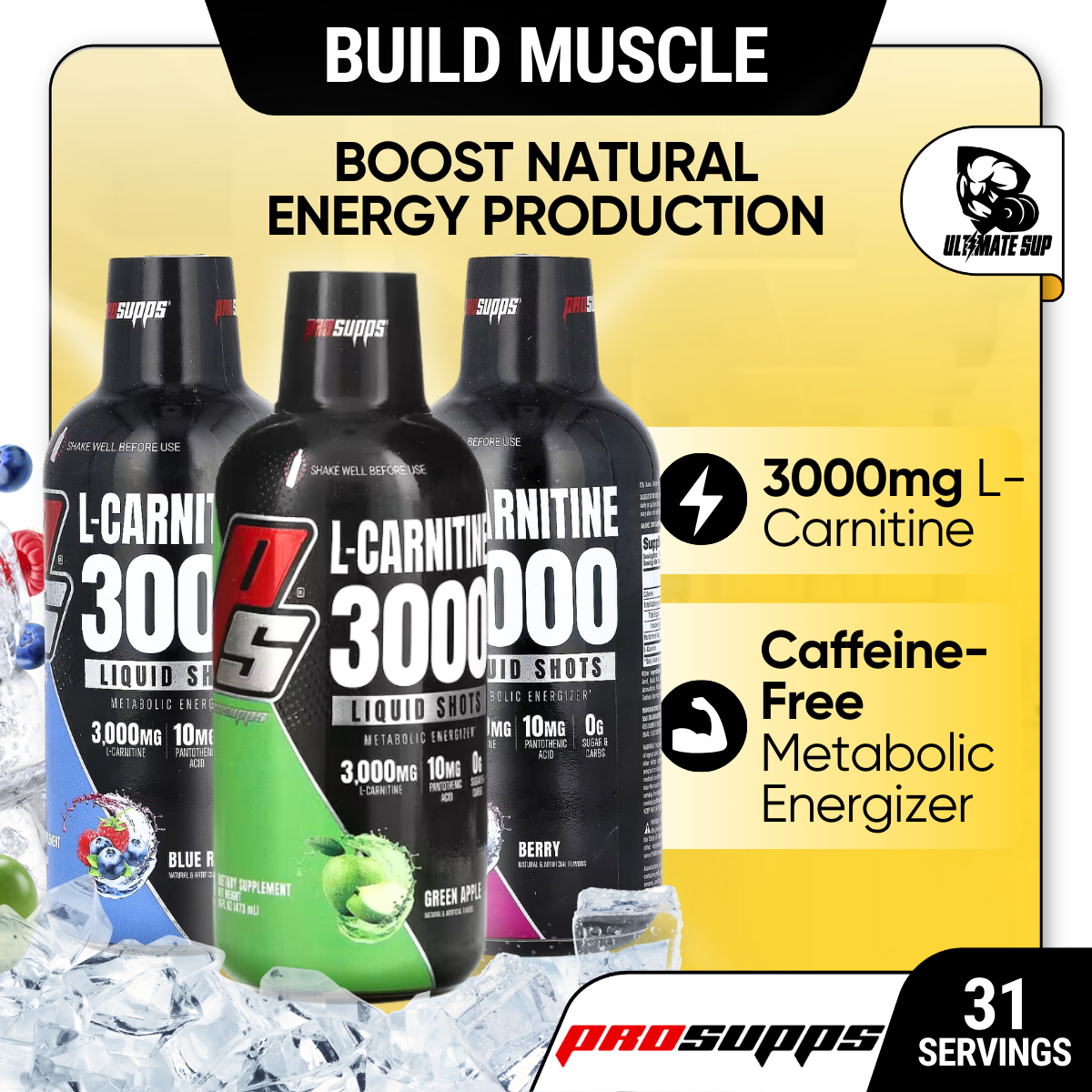 ProSupps, Vanish, L Carnitine 3000 Liquid Shots, Metabolic Energizer for Performance, Gluten Free, 3,000 mg, 16 fl oz