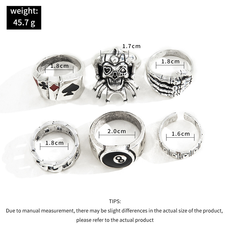 Metal Finger Rings Men's 6 Piece Set Skull Ghost Claw Poker Clown ...