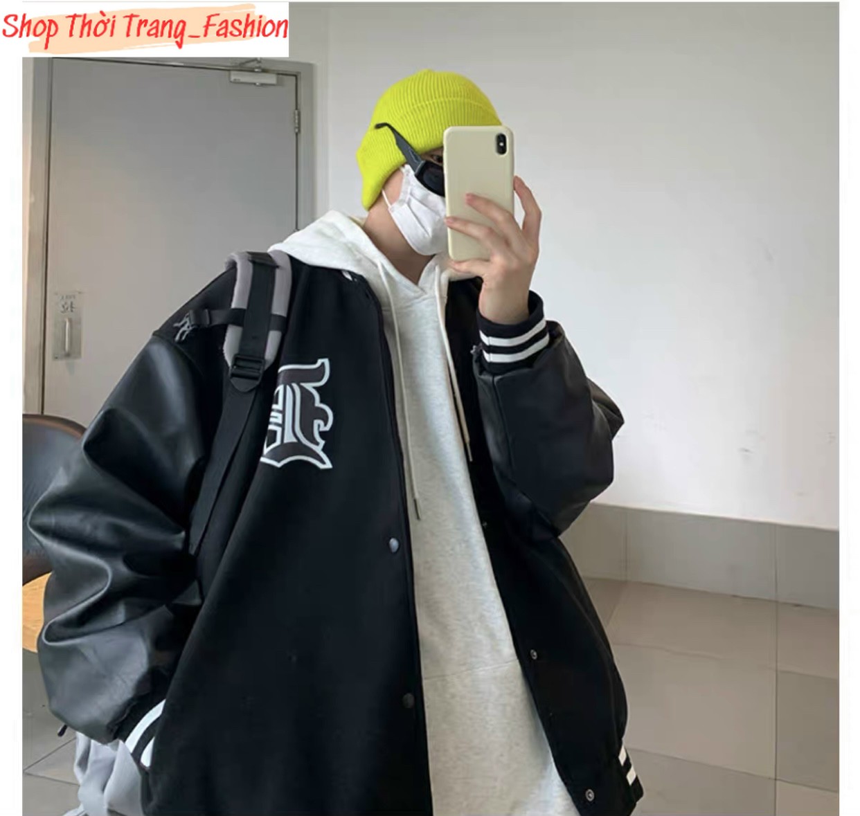 Áo Khoác Bomber Varsity Phối Tay Da Jacket Nam Nữ Full Đen Unisex Chất Kaki Dày Dặn Form Rộng