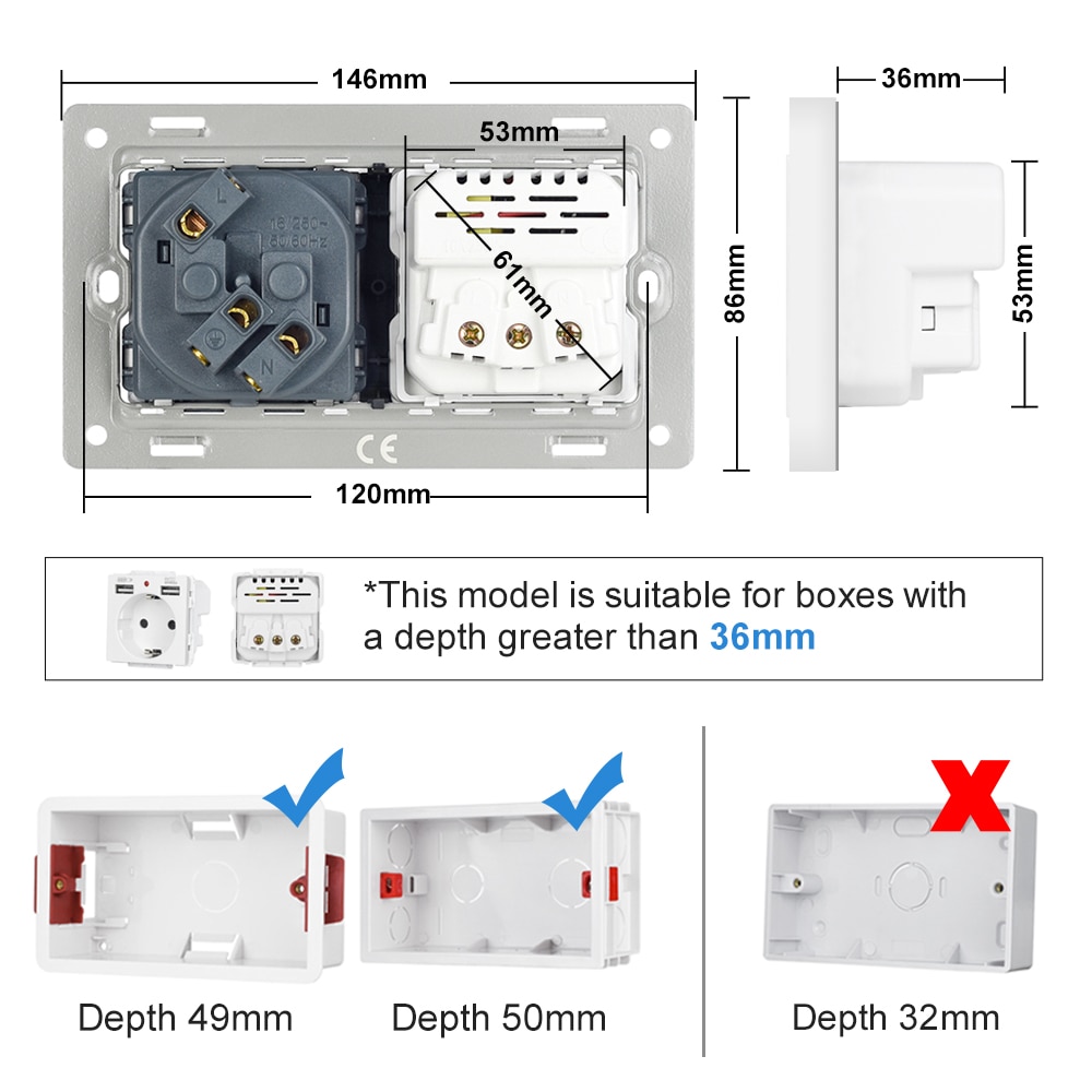 【Limited Time Only】 Sran Eu 2gang Power Socket 16a Electrical Plug Grounded Hide Led Indicator Double Socket With Usb 146*86mm Pc Panel Wall Socket