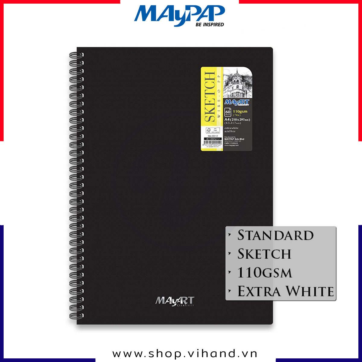 Sổ lò xo vẽ phác thảo mayart wire-o hard cover sketchbook 110gsm – 60 tờ
