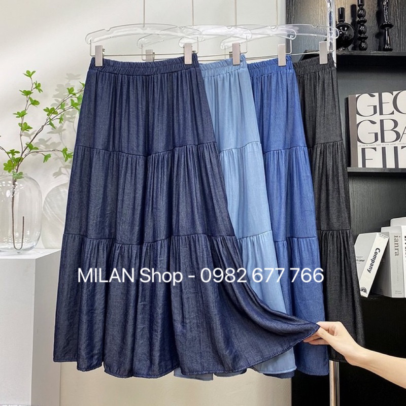 AA18-Chân váy bò(jean) lụa cực mát dáng dài xoè tầng Quảng Châu