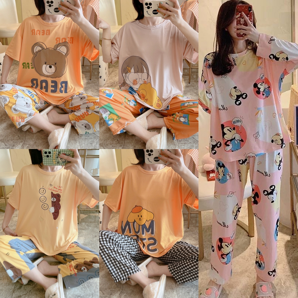 ชุดนอนลายการ์ตูน ชุดนอน เสื้อแขนสั้นและกางเกงขายาว ชุดนอนลายการ์ตูน ชุด ...