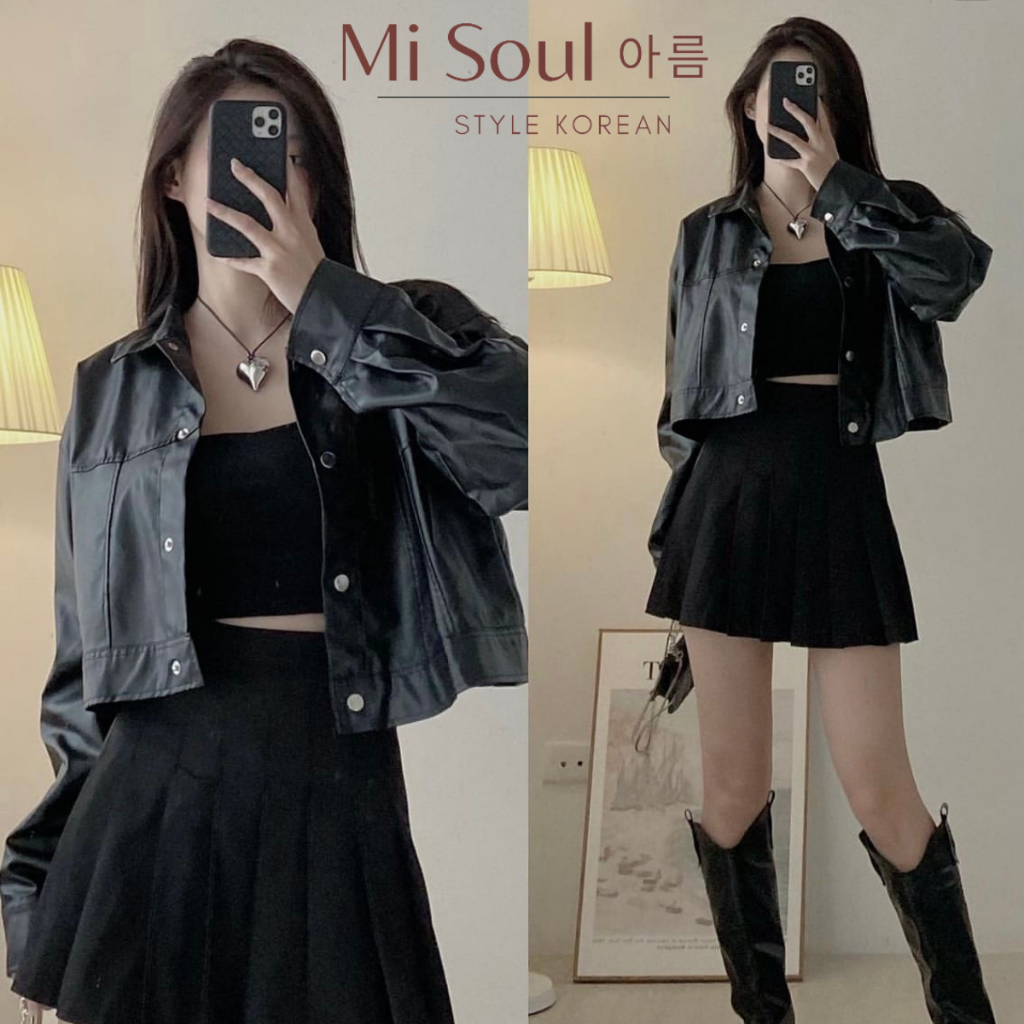 Áo khoác da croptop nữ dài tay misoul, áo khoác da cúc bấm 204