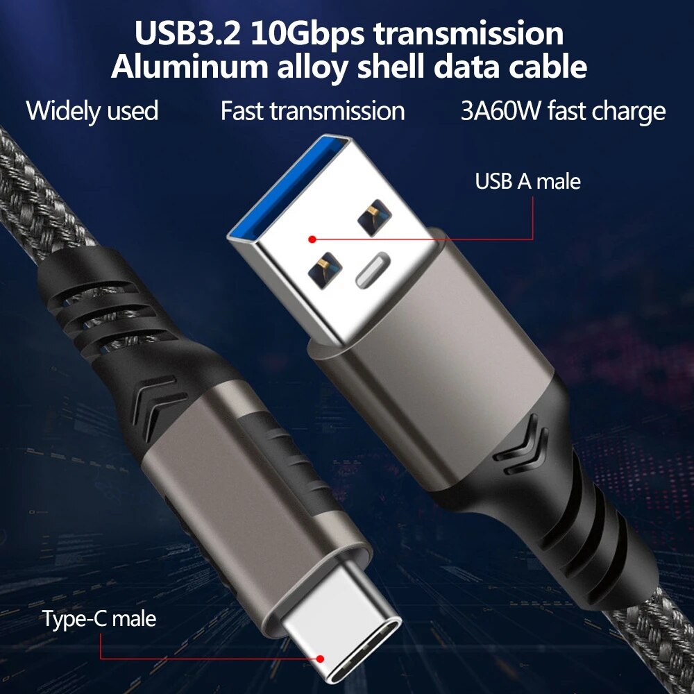 USB Type A to Type C Cable USB3.2 USB C 3.1 Gen2 Data Cable 10Gbps PD 60W/3A USB C SSD Hard Disk Fast Charging Cord for Samsung