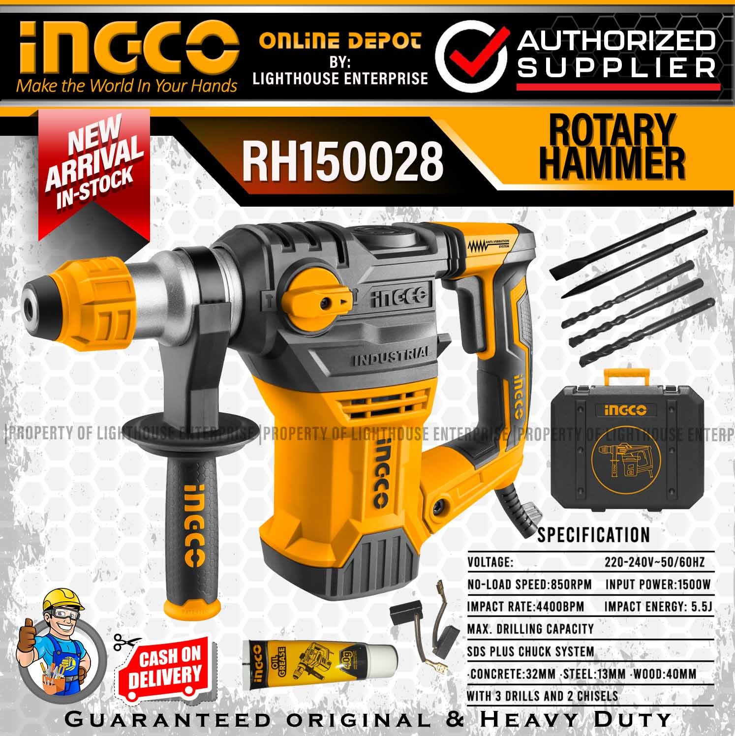 INGCO Industrial 1500W Rotary Hammer/Chipping Gun (RH150028 ...