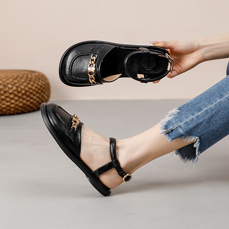 Xăng đan Da Thật 1.5cm Phối Nút Kim Loại Thời Trang Cho Nữ