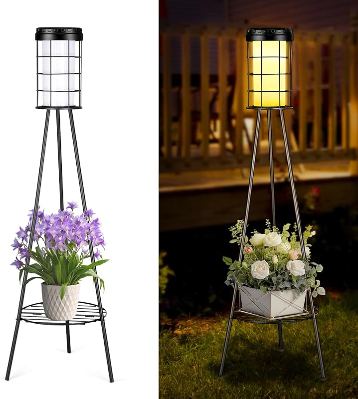 HOMEAN Solar Floor Lamp With Plant Stand – Waterproof Metal Light For Garden, Patio, Deck, Pathway