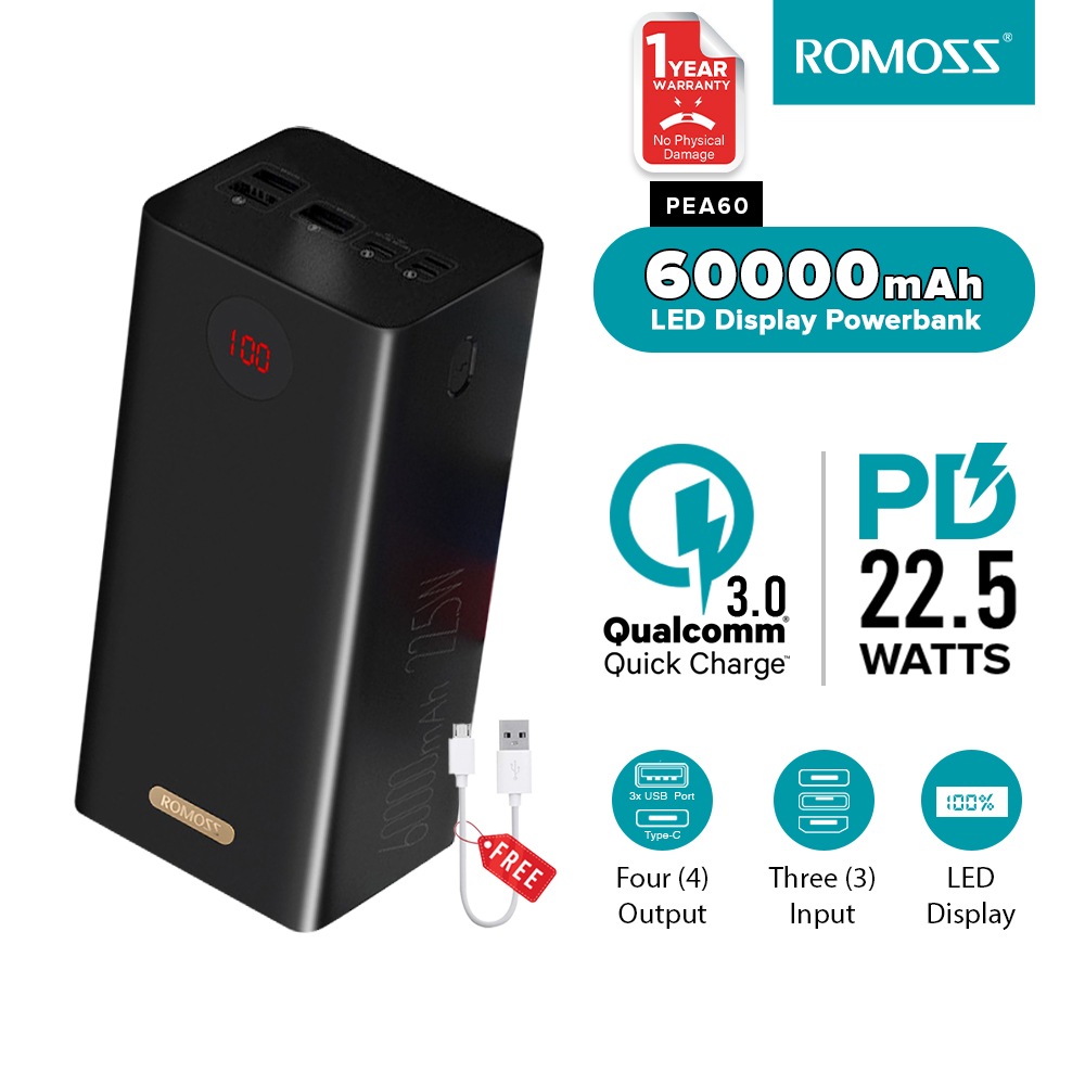 Romoss PEA60 60000mAh Power Bank 22.5W PD QC 3.0 Two-way Quick Charge ...